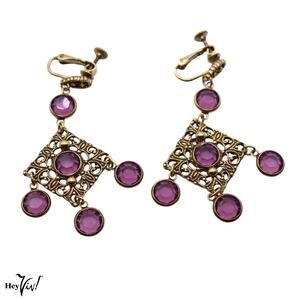 Vintage Goldette Clip On Earrings Chandelier w Purple Crystal Dangles - Hey Viv